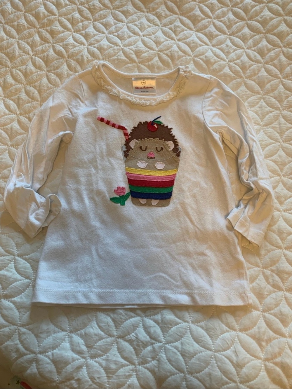 Hanna Andersson White Long-Sleeve Tee with Rainbow Hedgehog Cup Applique
